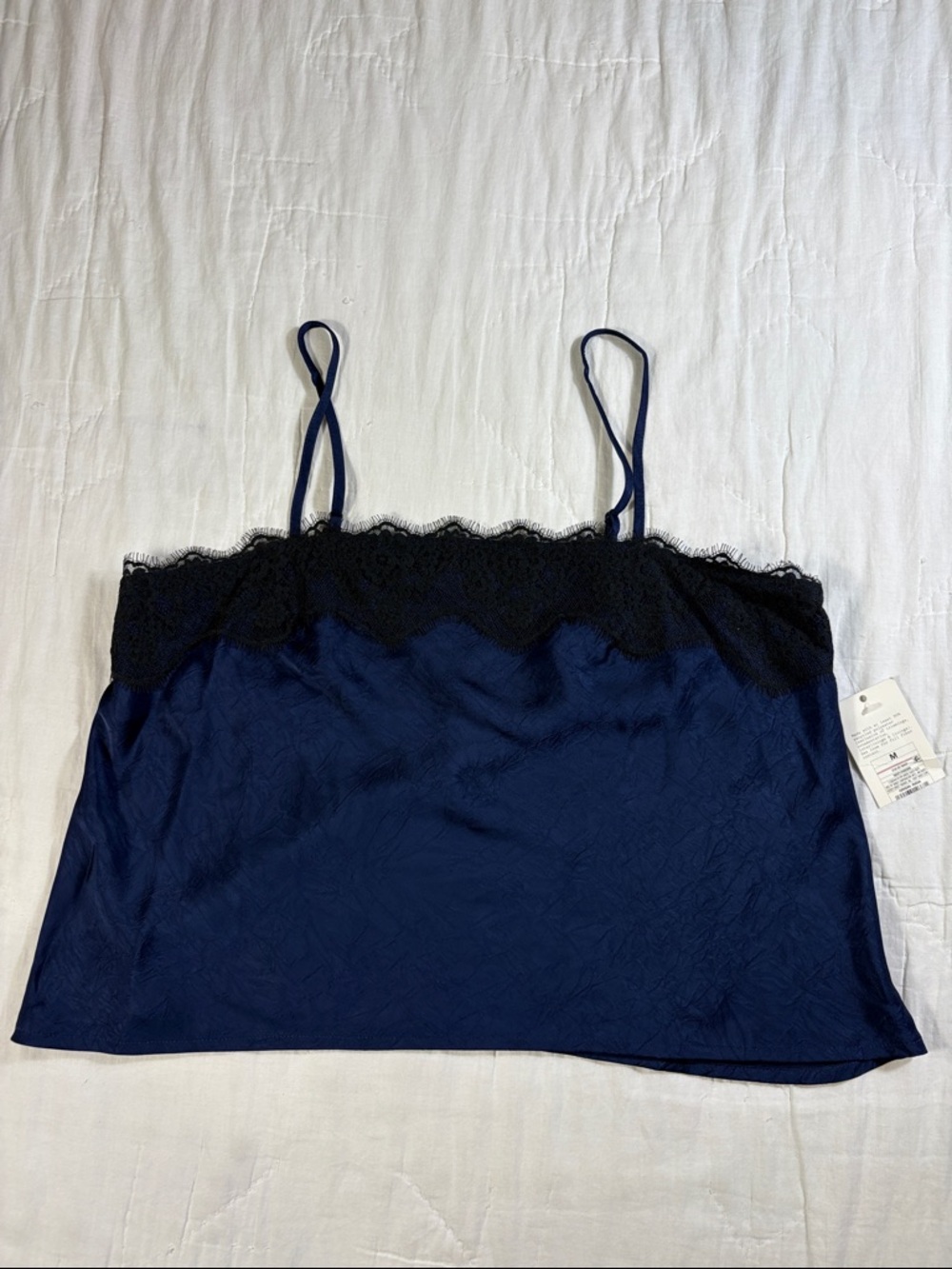 Silky Boudoir Navy Blue Satin Lace Trim Cami Top - Size M - NWT Camisole Tank